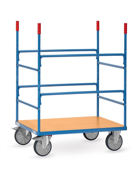 Système modulable. Ensemble mécano-soudé, revêtement époxy bleu RAL 5007, plateau en mélaminé surface effet hêtre. Avec 4 barres