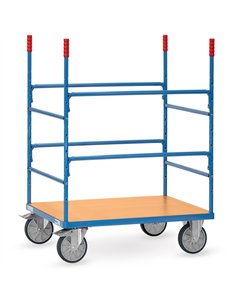 Système modulable. Ensemble mécano-soudé, revêtement époxy bleu RAL 5007, plateau en mélaminé surface effet hêtre. Avec 4 barres