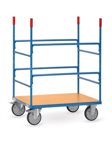 Système modulable. Ensemble mécano-soudé, revêtement époxy bleu RAL 5007, plateau en mélaminé surface effet hêtre. Avec 4 barres