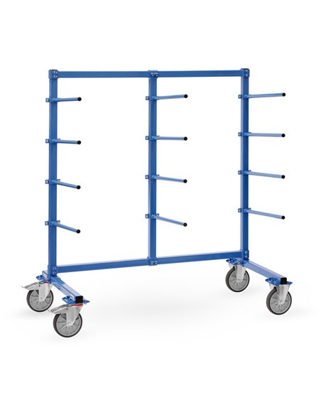 Ensemble mécano-soudé, revêtement époxy bleu RAL 5007. Système modulable pour éléments longs et stockage. Chariot complètement b