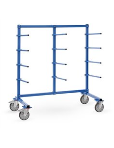 Ensemble mécano-soudé, revêtement époxy bleu RAL 5007. Système modulable pour éléments longs et stockage. Chariot complètement b