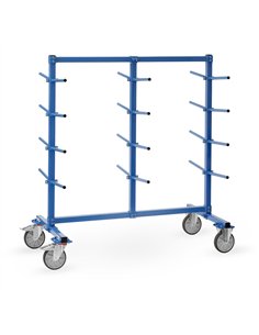 Ensemble mécano-soudé, revêtement époxy bleu RAL 5007. Système modulable pour éléments longs et stockage. Chariot complètement b