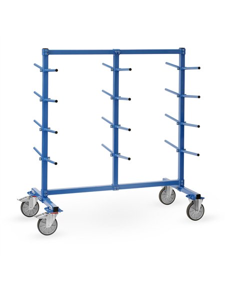 Ensemble mécano-soudé, revêtement époxy bleu RAL 5007. Système modulable pour éléments longs et stockage. Chariot complètement b