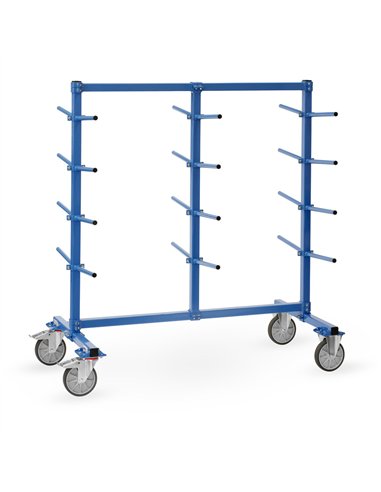 Ensemble mécano-soudé, revêtement époxy bleu RAL 5007. Système modulable pour éléments longs et stockage. Chariot complètement b