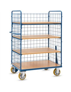 Ensemble mécano-soudé, revêtement époxy bleu RAL 5007. 1 plateau fixe et 3 amovibles en mélaminé surface effet hêtre. 2 petits e