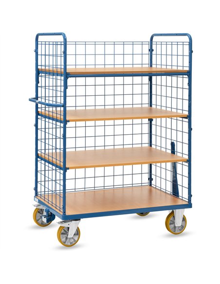 Ensemble mécano-soudé, revêtement époxy bleu RAL 5007. 1 plateau fixe et 3 amovibles en mélaminé surface effet hêtre. 2 petits e