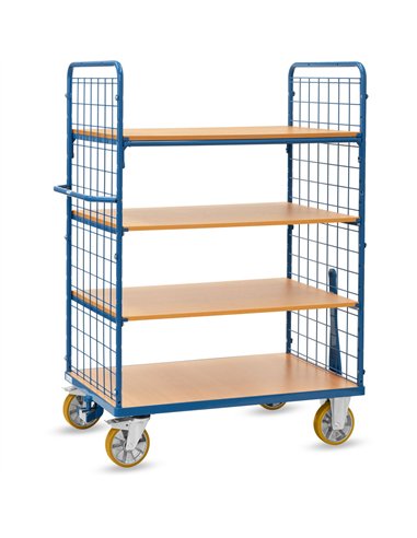 Ensemble mécano-soudé, revêtement époxy bleu RAL 5007. 1 plateau fixe et 3 amovibles en mélaminé surface effet hêtre. Ridelles a