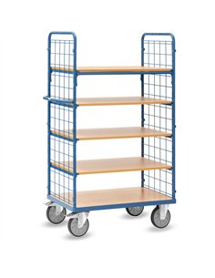 Ensemble mécano-soudé, revêtement époxy bleu RAL 5007. 1 plateau fixe et 4 amovibles en mélaminé surface effet hêtre. Ridelles a