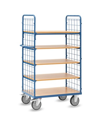 Ensemble mécano-soudé, revêtement époxy bleu RAL 5007. 1 plateau fixe et 4 amovibles en mélaminé surface effet hêtre. Ridelles a