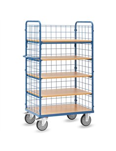 Ensemble mécano-soudé, revêtement époxy bleu RAL 5007. 1 plateau fixe et 4 amovibles en mélaminé surface effet hêtre. 2 petits e