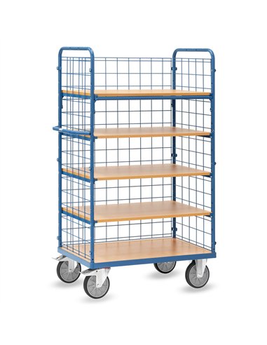 Ensemble mécano-soudé, revêtement époxy bleu RAL 5007. 1 plateau fixe et 4 amovibles en mélaminé surface effet hêtre. 2 petits e