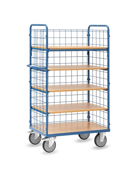 Ensemble mécano-soudé, revêtement époxy bleu RAL 5007. 1 plateau fixe et 4 amovibles en mélaminé surface effet hêtre. 2 petits e