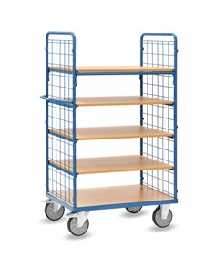 Ensemble mécano-soudé, revêtement époxy bleu RAL 5007. 1 plateau fixe et 4 amovibles en mélaminé surface effet hêtre. Ridelles a