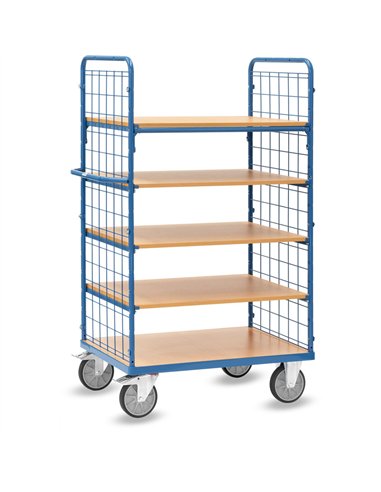 Ensemble mécano-soudé, revêtement époxy bleu RAL 5007. 1 plateau fixe et 4 amovibles en mélaminé surface effet hêtre. Ridelles a