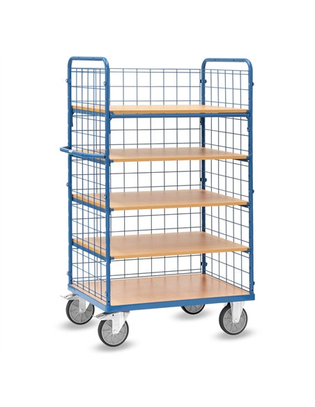 Ensemble mécano-soudé, revêtement époxy bleu RAL 5007. 1 plateau fixe et 4 amovibles en mélaminé surface effet hêtre. 2 petits e