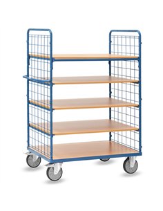 Ensemble mécano-soudé, revêtement époxy bleu RAL 5007. 1 plateau fixe et 4 amovibles en mélaminé surface effet hêtre. Ridelles a