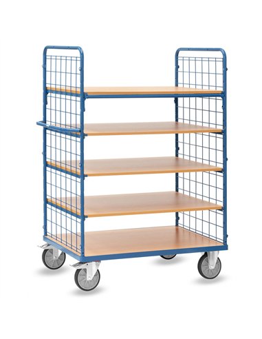 Ensemble mécano-soudé, revêtement époxy bleu RAL 5007. 1 plateau fixe et 4 amovibles en mélaminé surface effet hêtre. Ridelles a