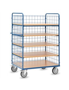 Ensemble mécano-soudé, revêtement époxy bleu RAL 5007. 1 plateau fixe et 4 amovibles en mélaminé surface effet hêtre. 2 petits e