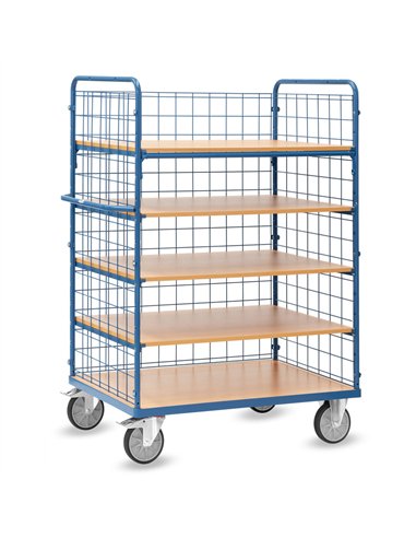 Ensemble mécano-soudé, revêtement époxy bleu RAL 5007. 1 plateau fixe et 4 amovibles en mélaminé surface effet hêtre. 2 petits e