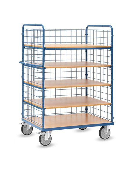 Ensemble mécano-soudé, revêtement époxy bleu RAL 5007. 1 plateau fixe et 4 amovibles en mélaminé surface effet hêtre. 2 petits e