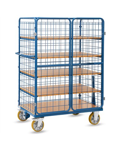 Ensemble mécano-soudé, revêtement époxy bleu RAL 5007. 1 plateau fixe et 4 amovibles en mélaminé surface effet hêtre. Plateaux a