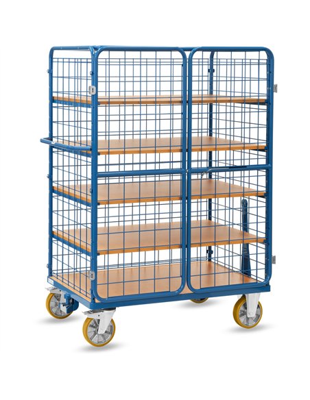 Ensemble mécano-soudé, revêtement époxy bleu RAL 5007. 1 plateau fixe et 4 amovibles en mélaminé surface effet hêtre. Plateaux a