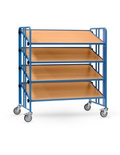 Ensemble mécano-soudé, revêtement époxy bleu RAL 5007. 4 plateaux en mélaminé surface effet hêtre avec rebord de 12 mm. Plateaux