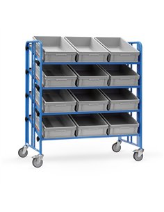 Ensemble mécano-soudé, revêtement époxy bleu RAL 5007. 4 plateaux en mélaminé surface effet hêtre avec rebord de 12 mm avec 12 b