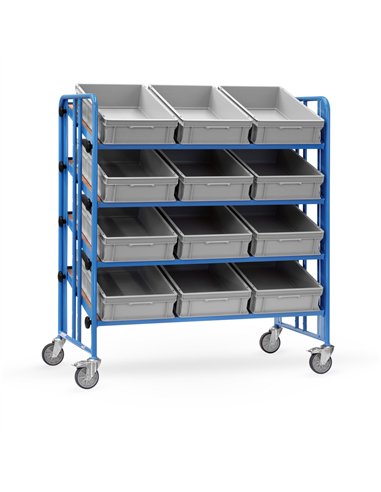 Ensemble mécano-soudé, revêtement époxy bleu RAL 5007. 4 plateaux en mélaminé surface effet hêtre avec rebord de 12 mm avec 12 b