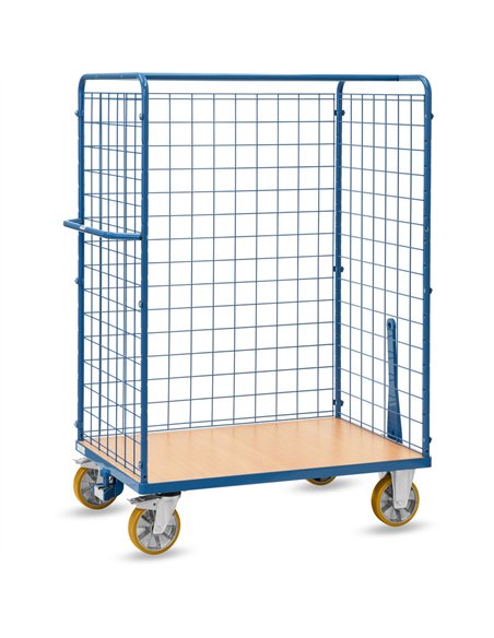 Ensemble mécano-soudé, revêtement époxy bleu RAL 5007. 1 plateau fixe en mélaminé surface effet hêtre. 3 côtés grillagés maille 