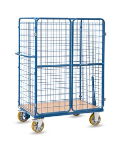 Ensemble mécano-soudé, revêtement époxy bleu RAL 5007. 1 plateau fixe en mélaminé surface effet hêtre. 3 côtés grillagés maille 