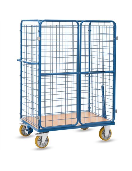 Ensemble mécano-soudé, revêtement époxy bleu RAL 5007. 1 plateau fixe en mélaminé surface effet hêtre. 3 côtés grillagés maille 