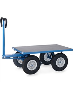 Ensemble mécano-soudé, revêtement époxy bleu RAL 5007. 4 inserts dans les angles, essieu sur rond à billes, timon en triangle av