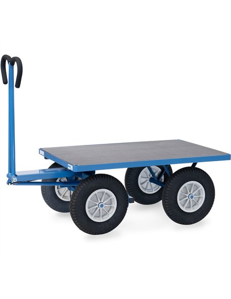 Ensemble mécano-soudé, revêtement époxy bleu RAL 5007. 4 inserts dans les angles, essieu sur rond à billes, timon en triangle av