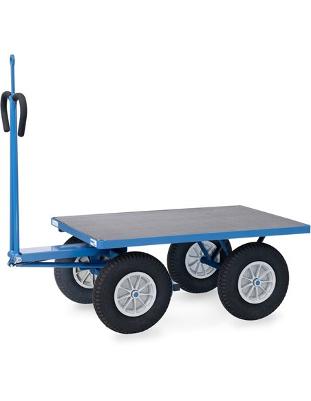 Ensemble mécano-soudé, revêtement époxy bleu RAL 5007. 4 inserts dans les angles, essieu sur rond à billes, timon en triangle av