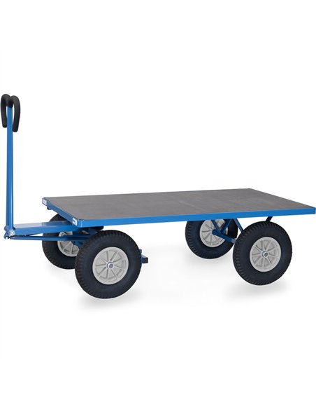 Ensemble mécano-soudé, revêtement époxy bleu RAL 5007. 4 inserts dans les angles, essieu sur rond à billes, timon en triangle av