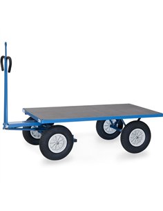 Ensemble mécano-soudé, revêtement époxy bleu RAL 5007. 4 inserts dans les angles, essieu sur rond à billes, timon en triangle av