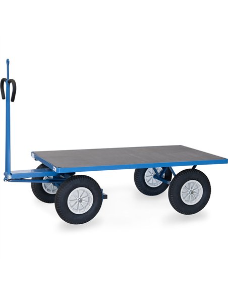 Ensemble mécano-soudé, revêtement époxy bleu RAL 5007. 4 inserts dans les angles, essieu sur rond à billes, timon en triangle av