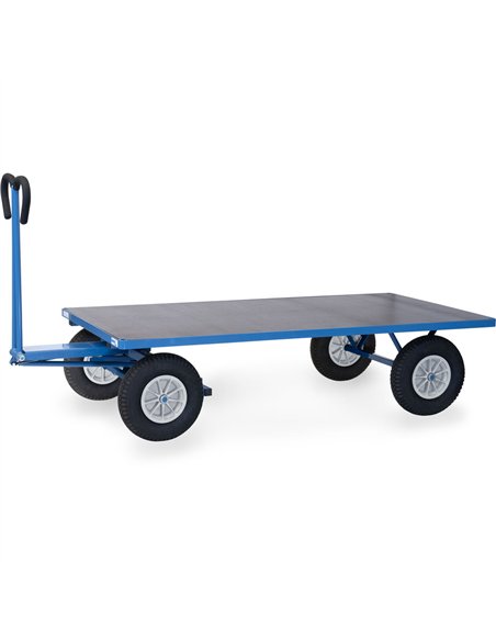 Ensemble mécano-soudé, revêtement époxy bleu RAL 5007. 4 inserts dans les angles, essieu sur rond à billes, timon en triangle av