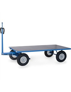 Ensemble mécano-soudé, revêtement époxy bleu RAL 5007. 4 inserts dans les angles, essieu sur rond à billes, timon en triangle av