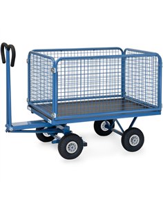 Ensemble mécano-soudé, revêtement époxy bleu RAL 5007. 4 inserts dans les angles, essieu sur rond à billes, timon en triangle av