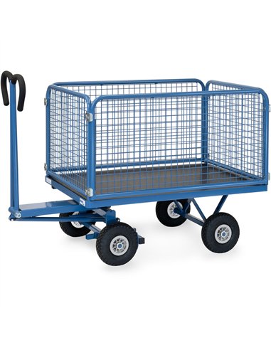 Ensemble mécano-soudé, revêtement époxy bleu RAL 5007. 4 inserts dans les angles, essieu sur rond à billes, timon en triangle av