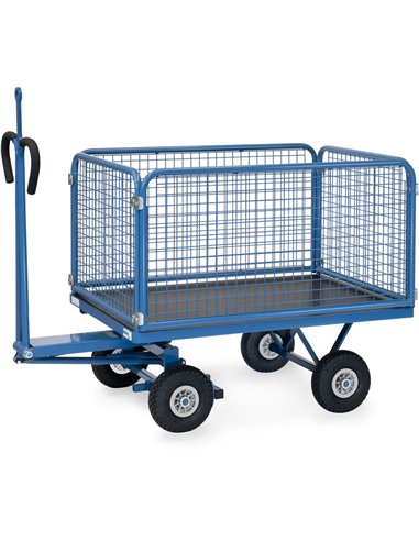 Ensemble mécano-soudé, revêtement époxy bleu RAL 5007. 4 inserts dans les angles, essieu sur rond à billes, timon en triangle av