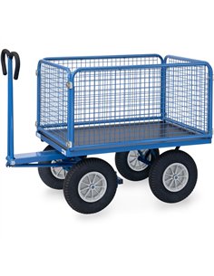 Ensemble mécano-soudé, revêtement époxy bleu RAL 5007. 4 inserts dans les angles, essieu sur rond à billes, timon en triangle av