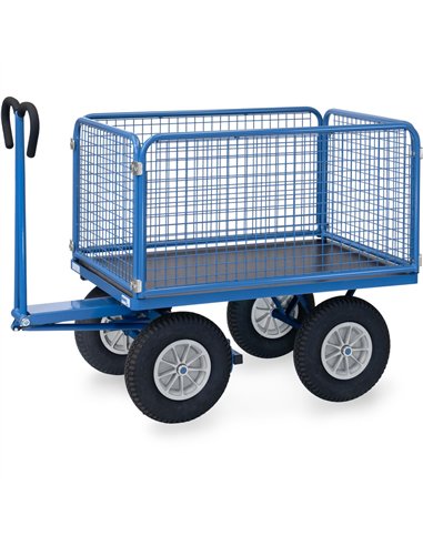 Ensemble mécano-soudé, revêtement époxy bleu RAL 5007. 4 inserts dans les angles, essieu sur rond à billes, timon en triangle av