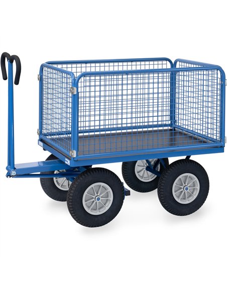 Ensemble mécano-soudé, revêtement époxy bleu RAL 5007. 4 inserts dans les angles, essieu sur rond à billes, timon en triangle av