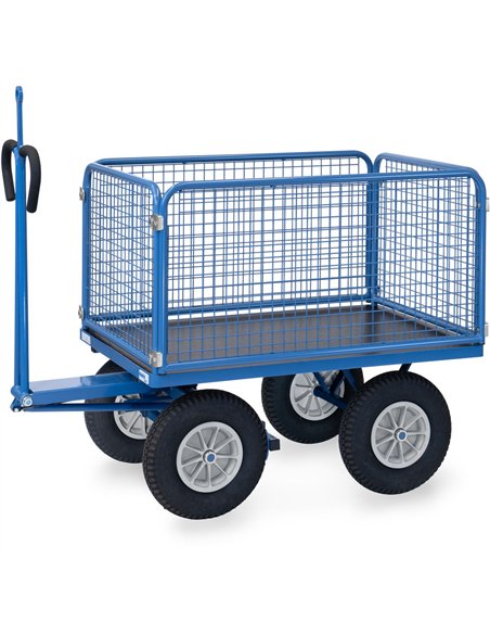 Ensemble mécano-soudé, revêtement époxy bleu RAL 5007. 4 inserts dans les angles, essieu sur rond à billes, timon en triangle av