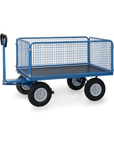 Ensemble mécano-soudé, revêtement époxy bleu RAL 5007. 4 inserts dans les angles, essieu sur rond à billes, timon en triangle av