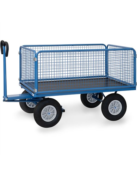 Ensemble mécano-soudé, revêtement époxy bleu RAL 5007. 4 inserts dans les angles, essieu sur rond à billes, timon en triangle av