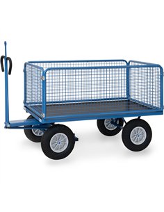 Ensemble mécano-soudé, revêtement époxy bleu RAL 5007. 4 inserts dans les angles, essieu sur rond à billes, timon en triangle av